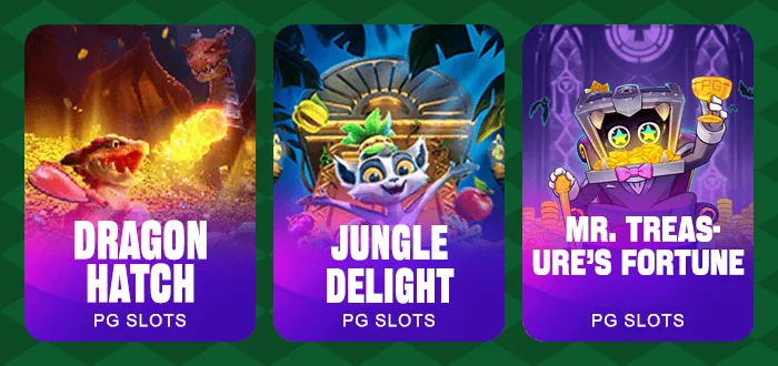 Capas dos slots Dragon Hatch, Jungle Delight e Mr. Treasure's Fortune, da PG, no lobby da Brabet